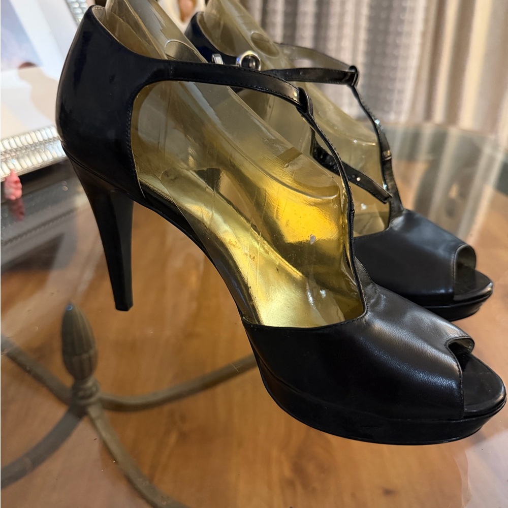Alfani Black and Gold Peep-Toe Heels